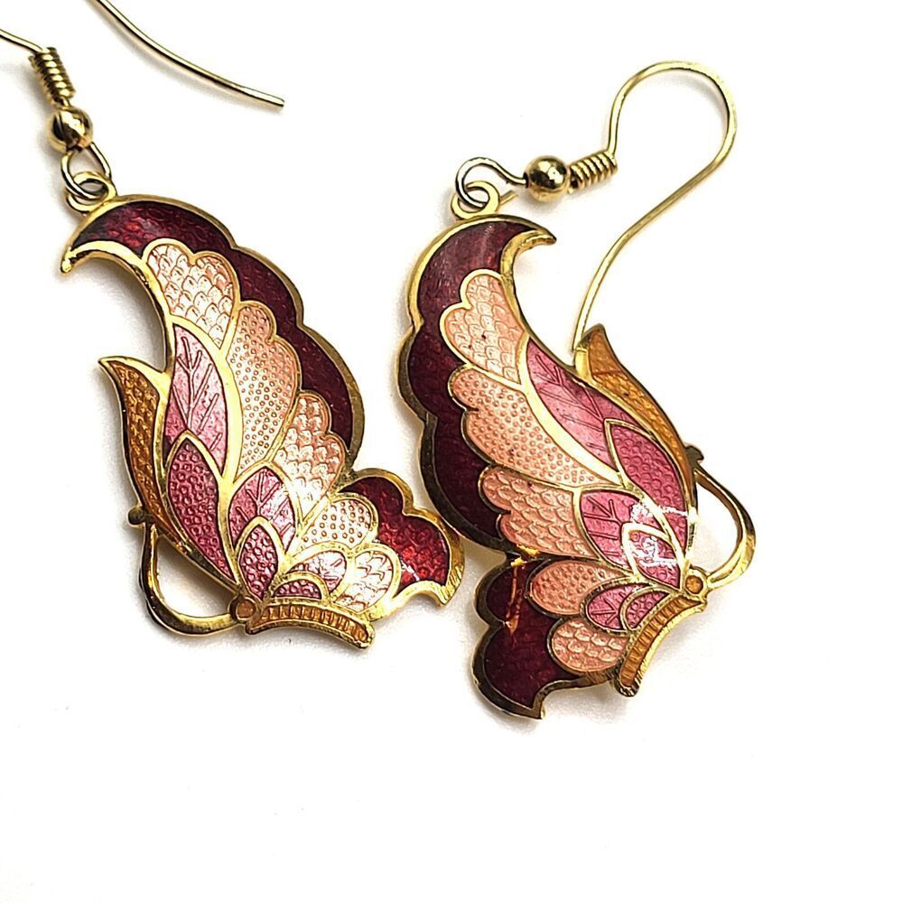 Enamel Pink Earrings Butterfly mirrored 2in